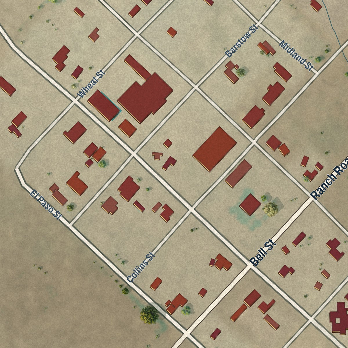 Close-up of the map of Mentone, Texas print showing street and building detail