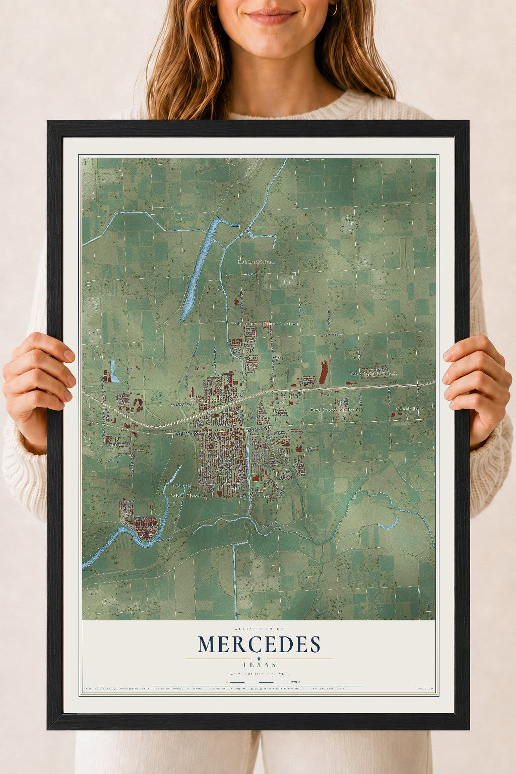 Map of Mercedes, Texas, 18 x 24 inch print in a black wood frame