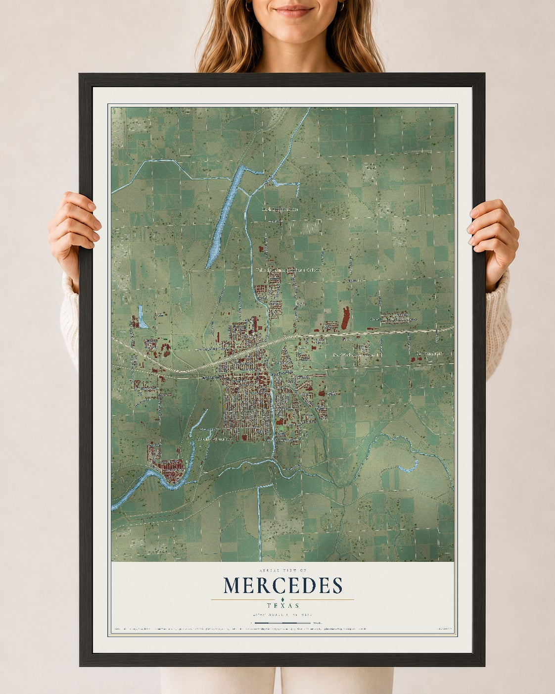 Map of Mercedes, Texas, 24 x 36 inch print in a black wood frame