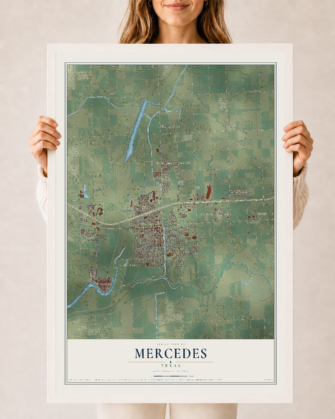 Map of Mercedes, Texas, 24 x 36 inch print in a white wood frame