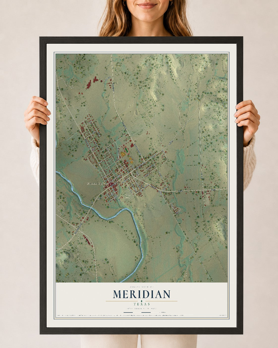 Map of Meridian, Texas, 24 x 36 inch print in a black wood frame