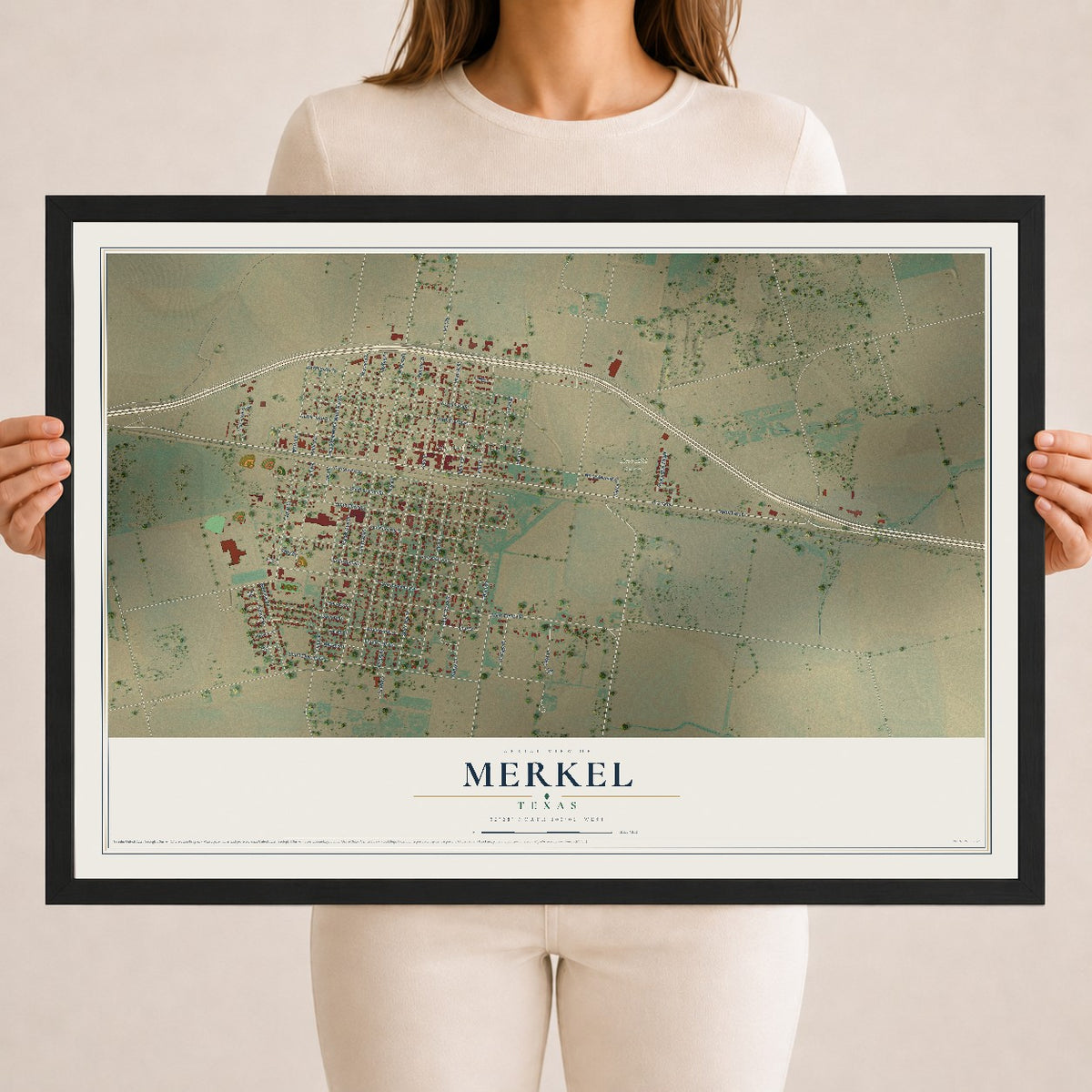 Map of Merkel, Texas, 18 x 24 inch print in a black wood frame