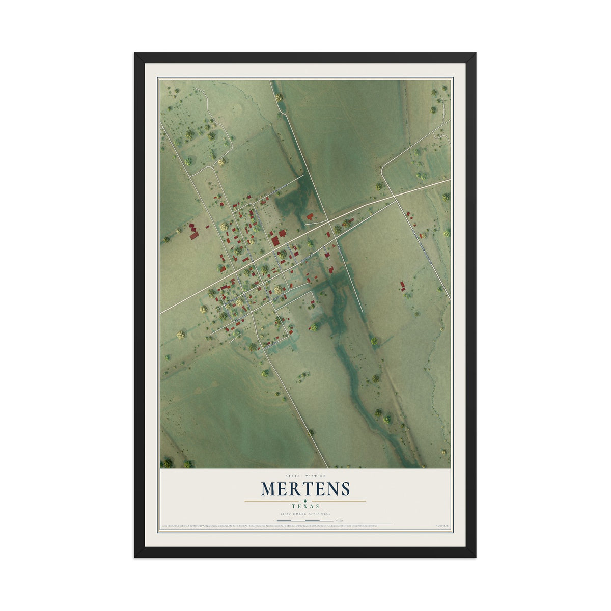 Map of Mertens, Texas, 12 x 18 inch print in a black wood frame