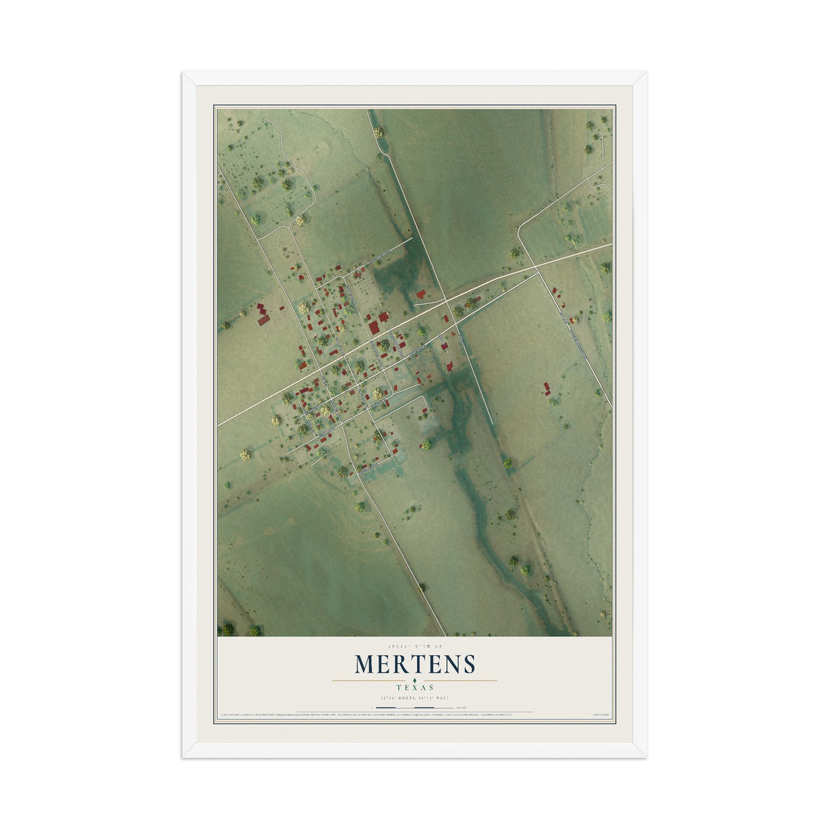 Map of Mertens, Texas, 12 x 18 inch print in a white wood frame