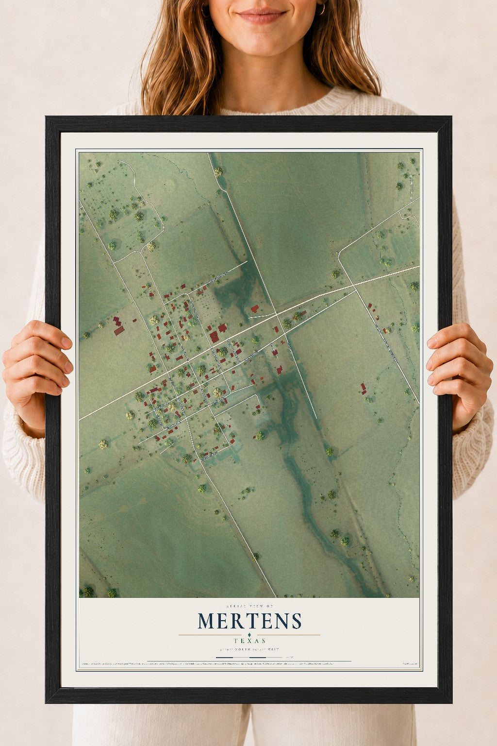 Map of Mertens, Texas, 18 x 24 inch print in a black wood frame