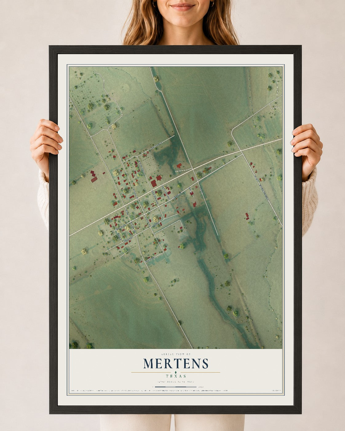 Map of Mertens, Texas, 24 x 36 inch print in a black wood frame