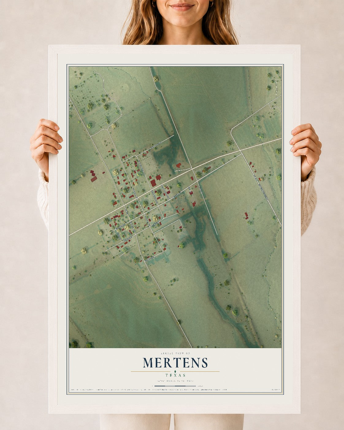 Map of Mertens, Texas, 24 x 36 inch print in a white wood frame