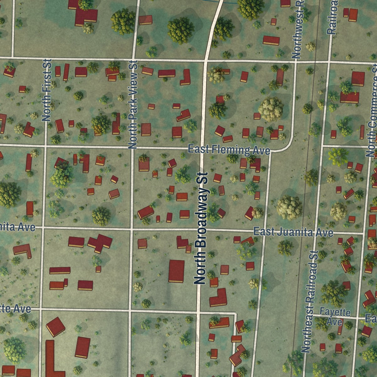 Close-up of the map of Mertzon, Texas print showing street and building detail