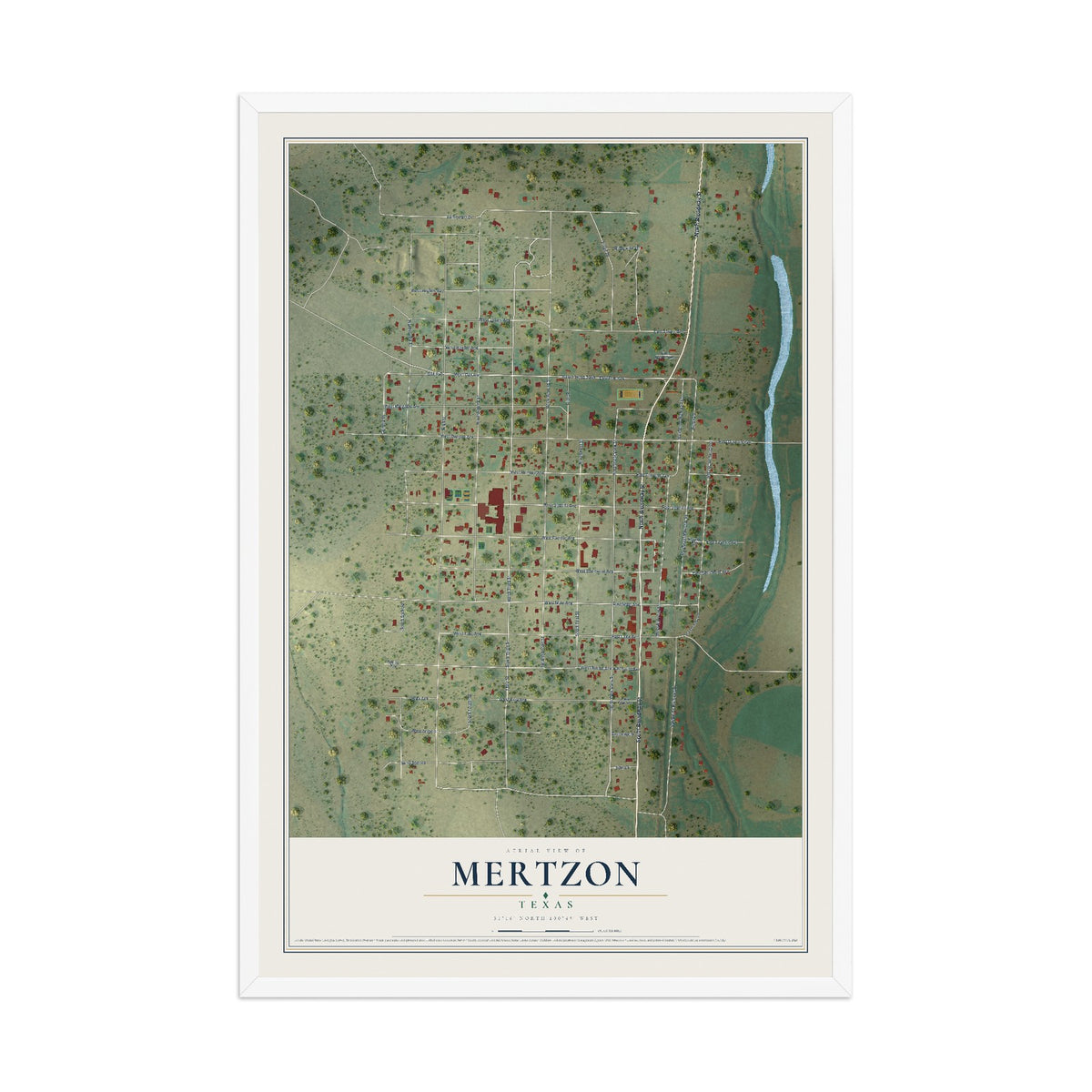 Map of Mertzon, Texas, 12 x 18 inch print in a white wood frame