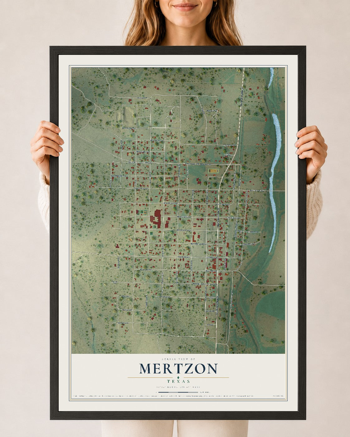 Map of Mertzon, Texas, 24 x 36 inch print in a black wood frame