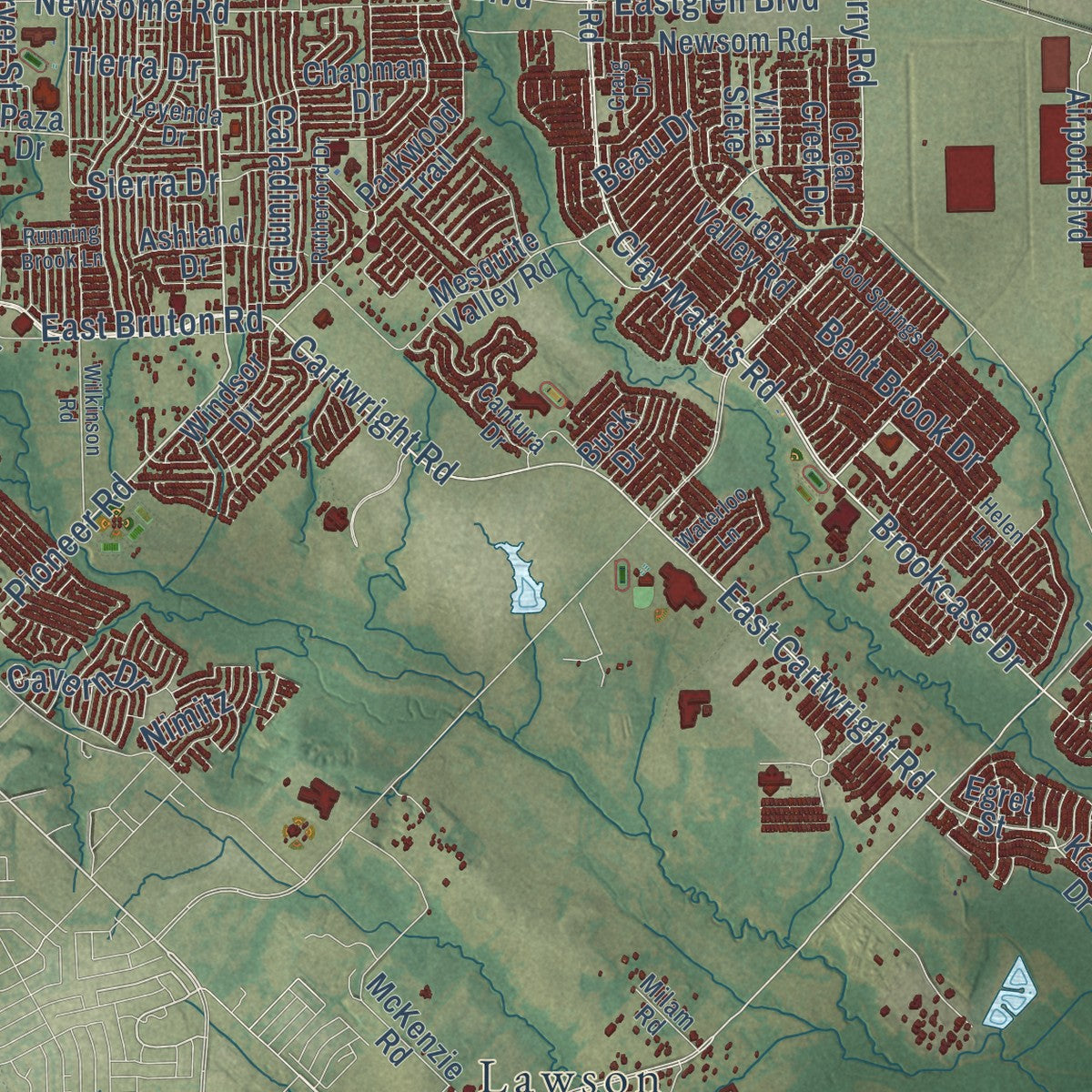 Second close-up of the map of Mesquite, Texas print showing more streets and buildings