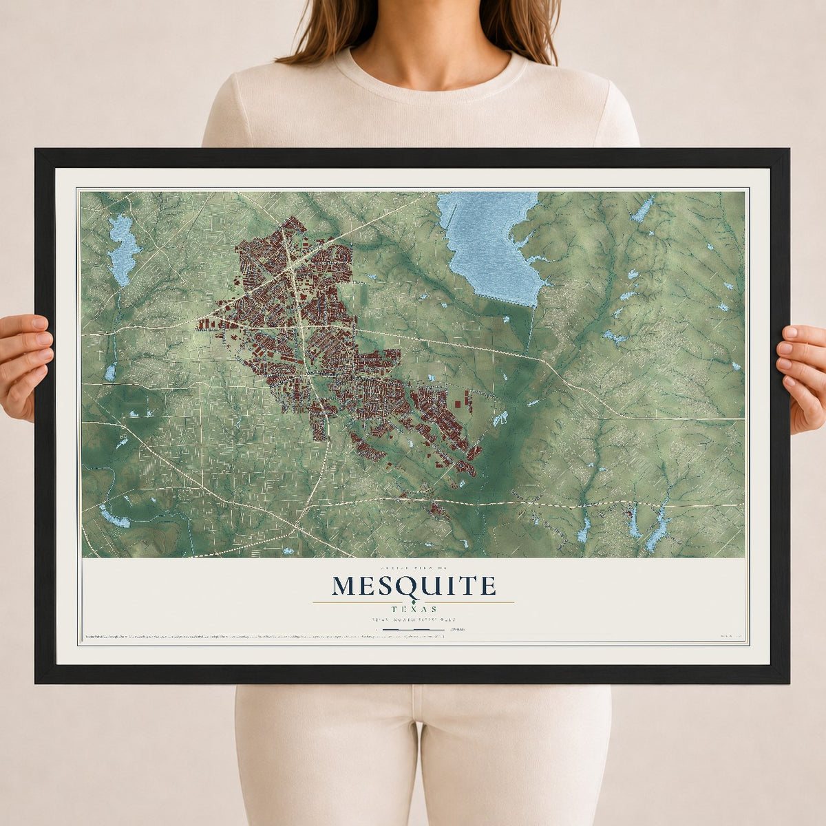 Map of Mesquite, Texas, 18 x 24 inch print in a black wood frame