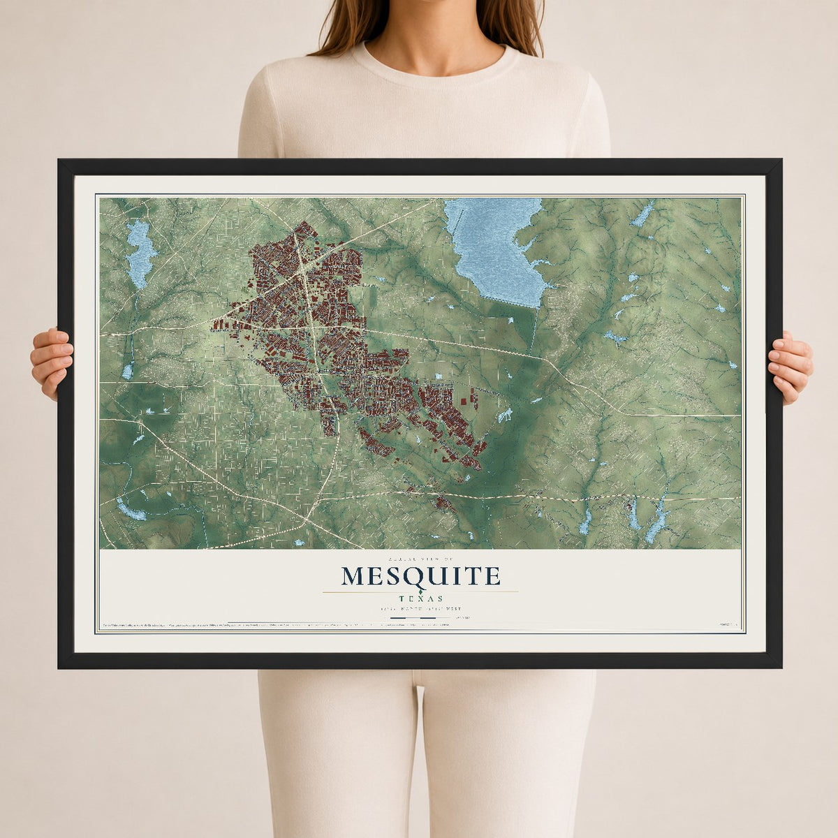 Map of Mesquite, Texas, 24 x 36 inch print in a black wood frame