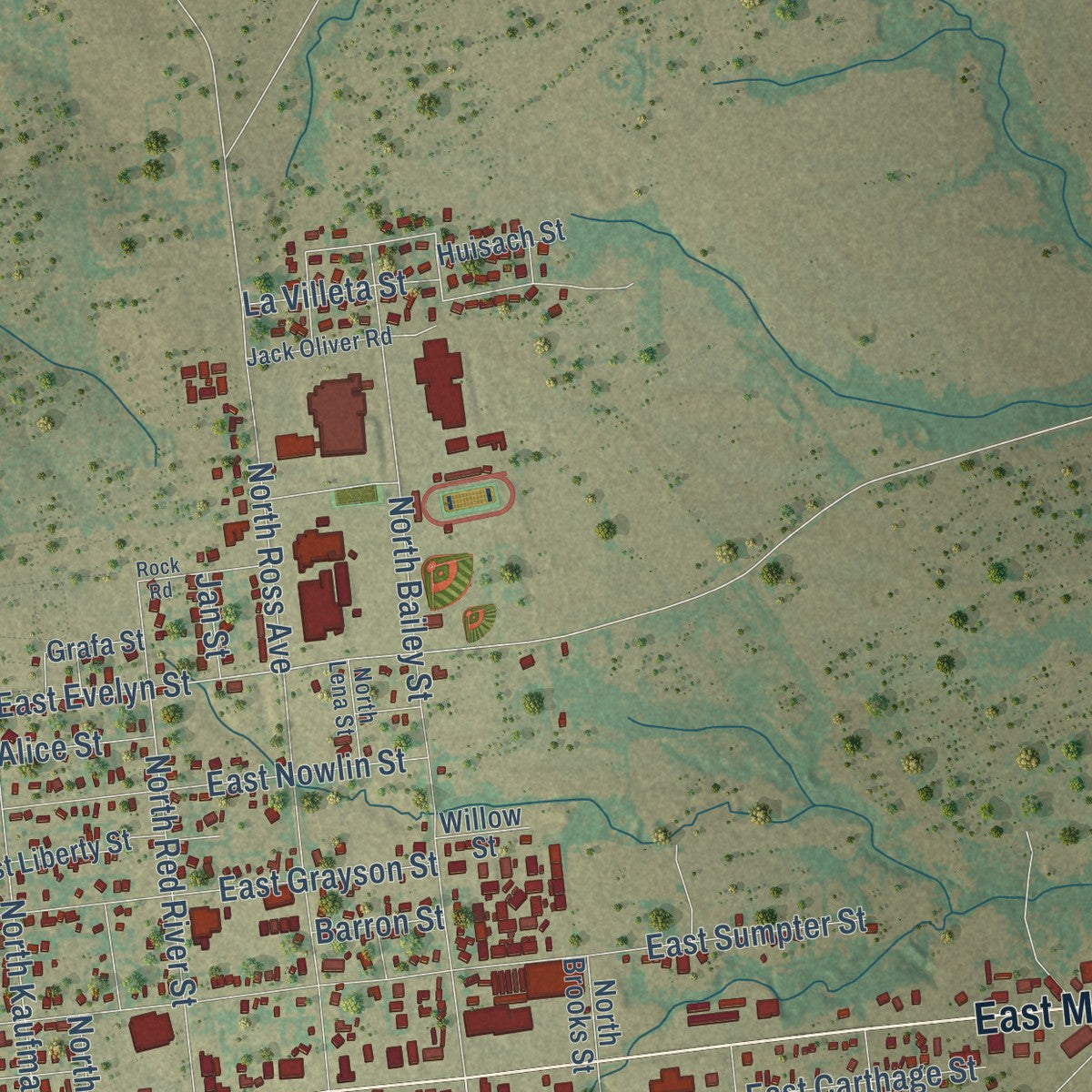Second close-up of the map of Mexia, Texas print showing more streets and buildings