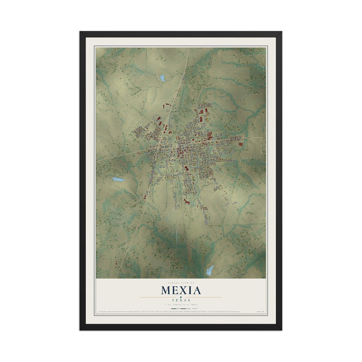 Map of Mexia, Texas, 12 x 18 inch print in a black wood frame