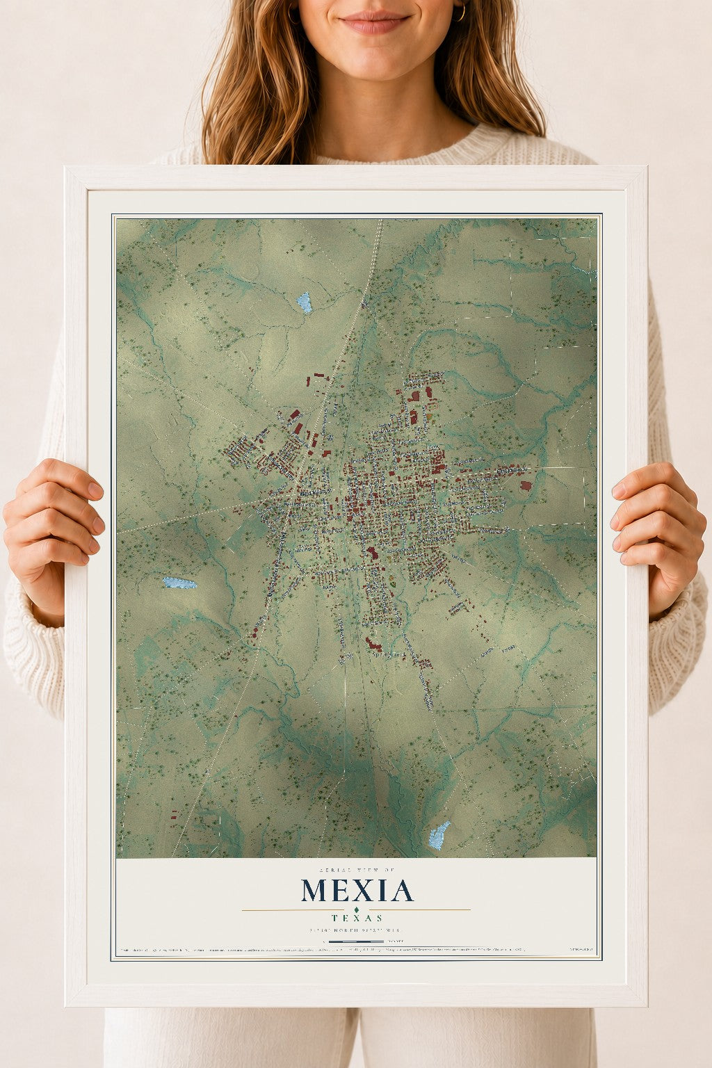 Map of Mexia, Texas, 18 x 24 inch print in a white wood frame