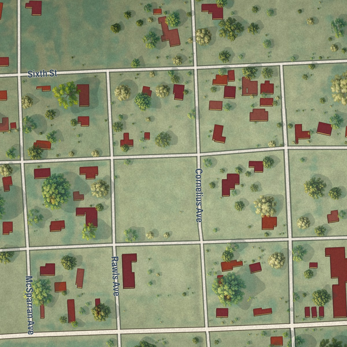 Close-up of the map of Midfield, Texas print showing street and building detail