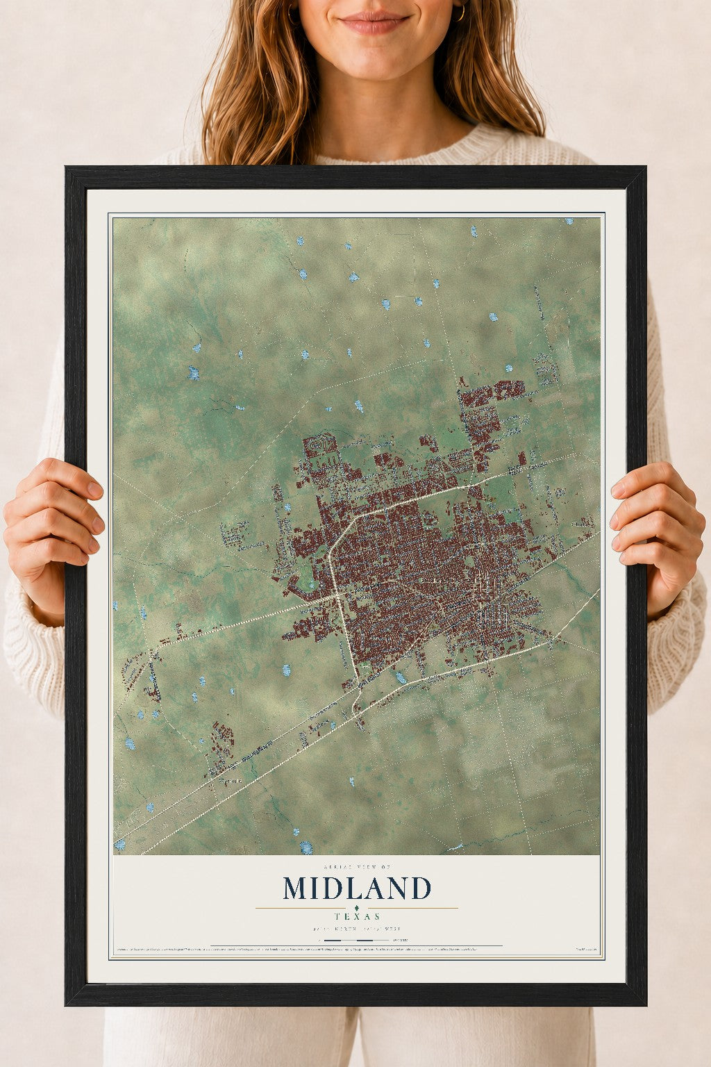 Map of Midland, Texas, 18 x 24 inch print in a black wood frame