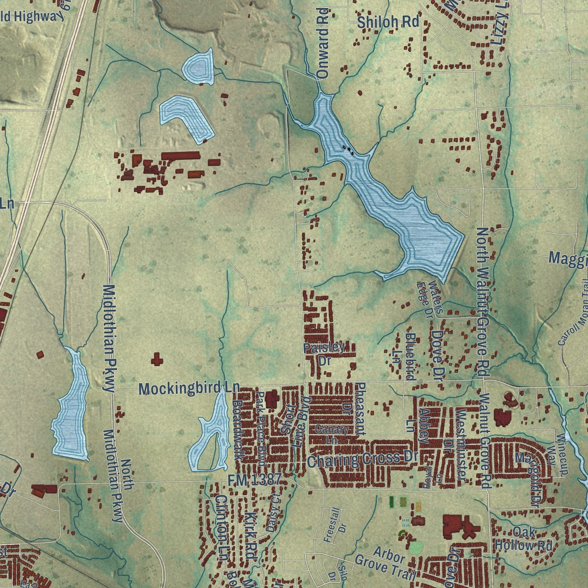 Second close-up of the map of Midlothian, Texas print showing more streets and buildings