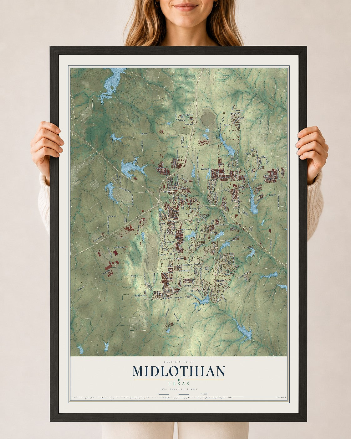 Map of Midlothian, Texas, 24 x 36 inch print in a black wood frame