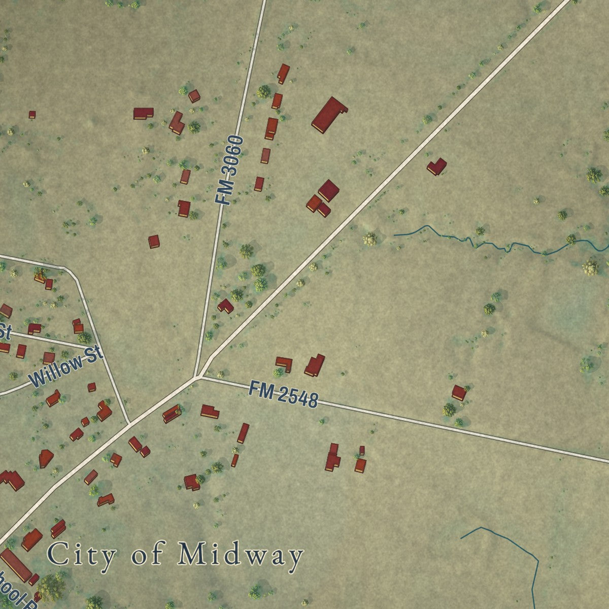 Second close-up of the map of Midway, Texas print showing more streets and buildings