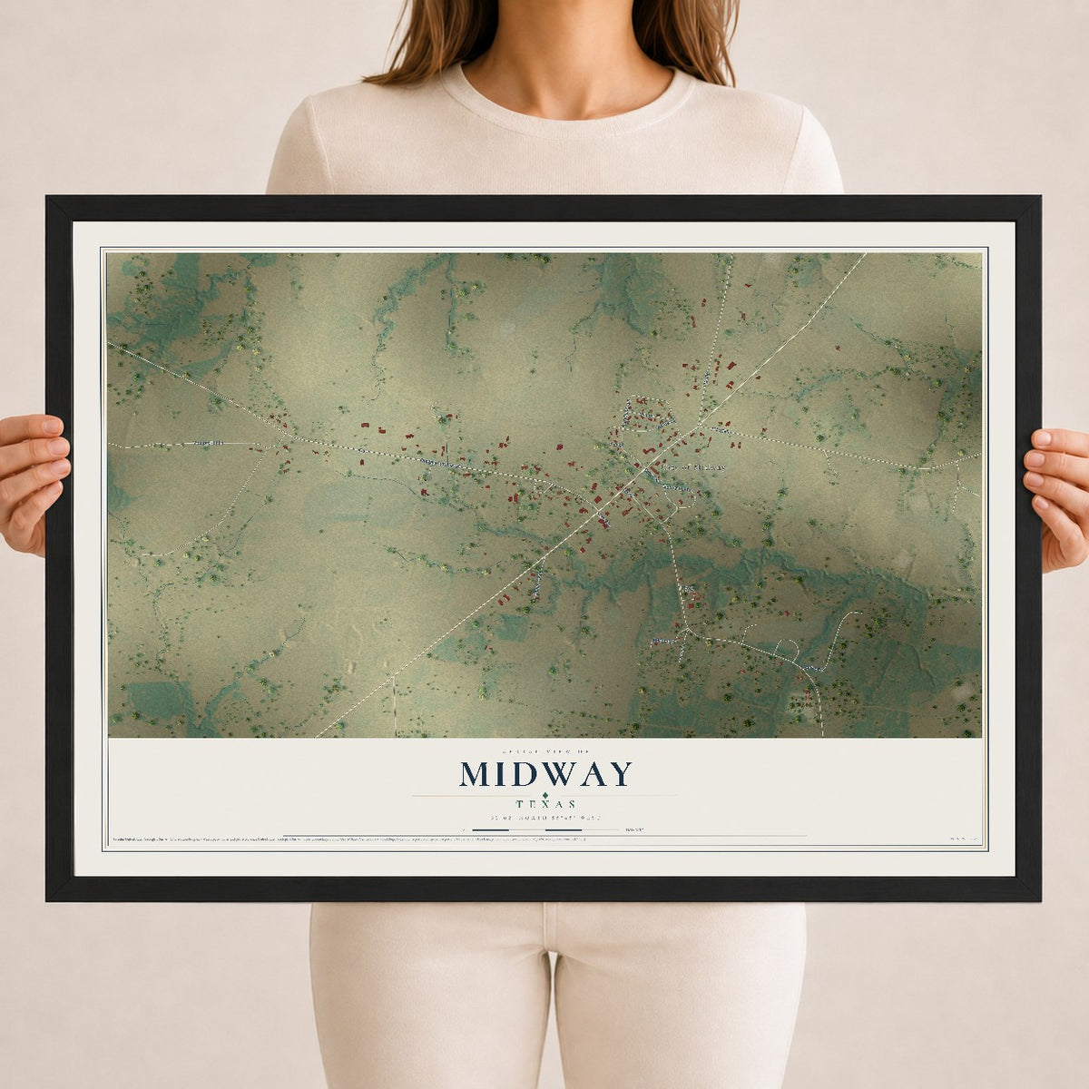 Map of Midway, Texas, 18 x 24 inch print in a black wood frame