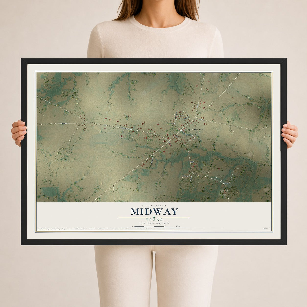 Map of Midway, Texas, 24 x 36 inch print in a black wood frame