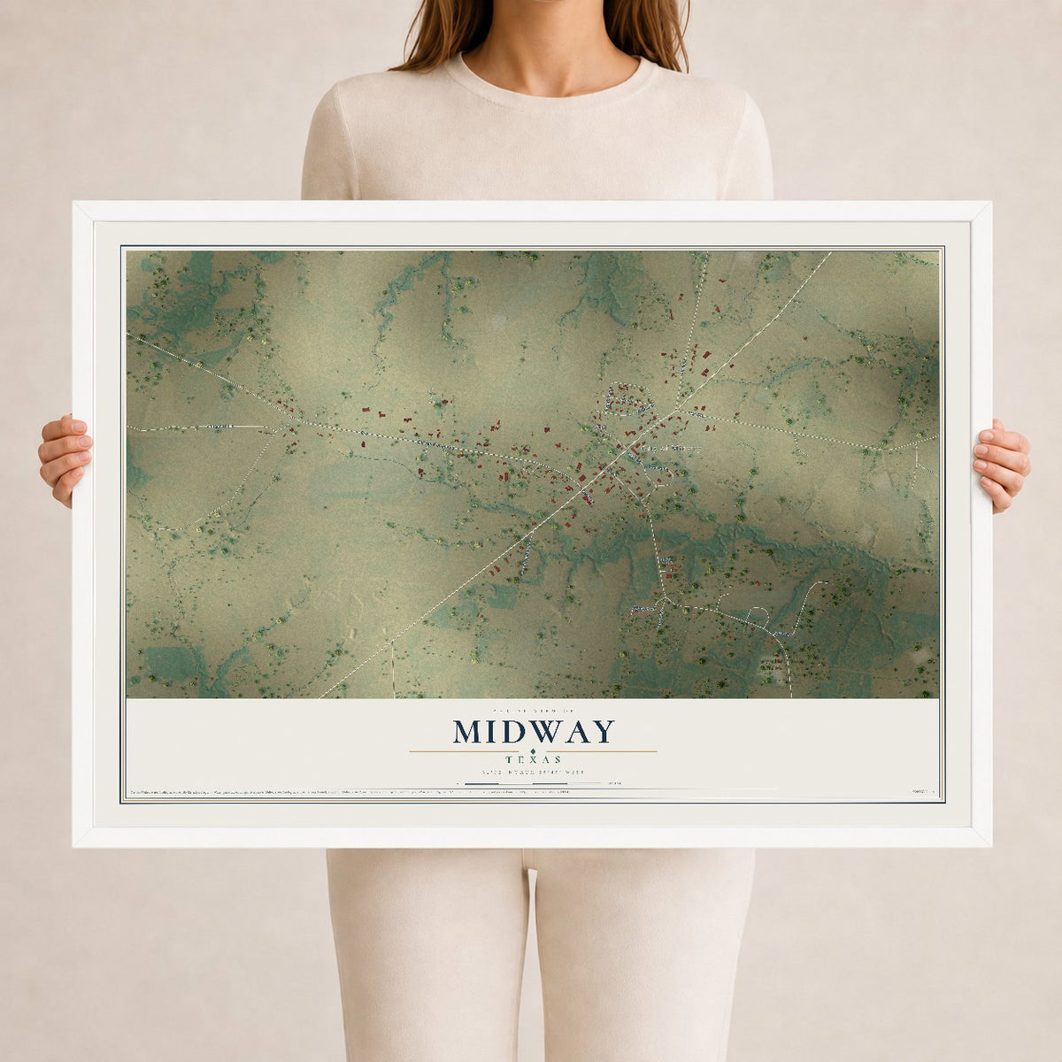 Map of Midway, Texas, 24 x 36 inch print in a white wood frame