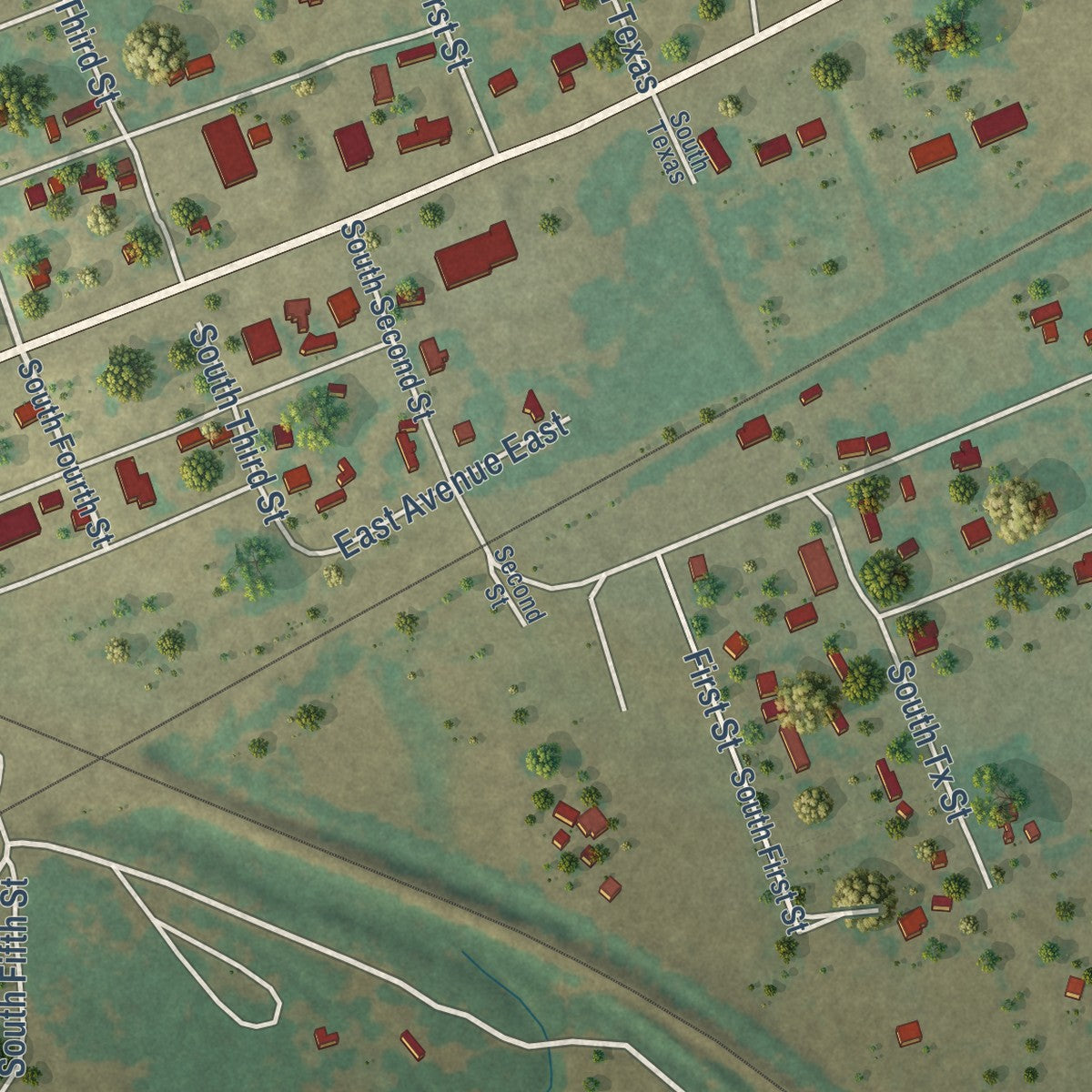 Second close-up of the map of Milano, Texas print showing more streets and buildings