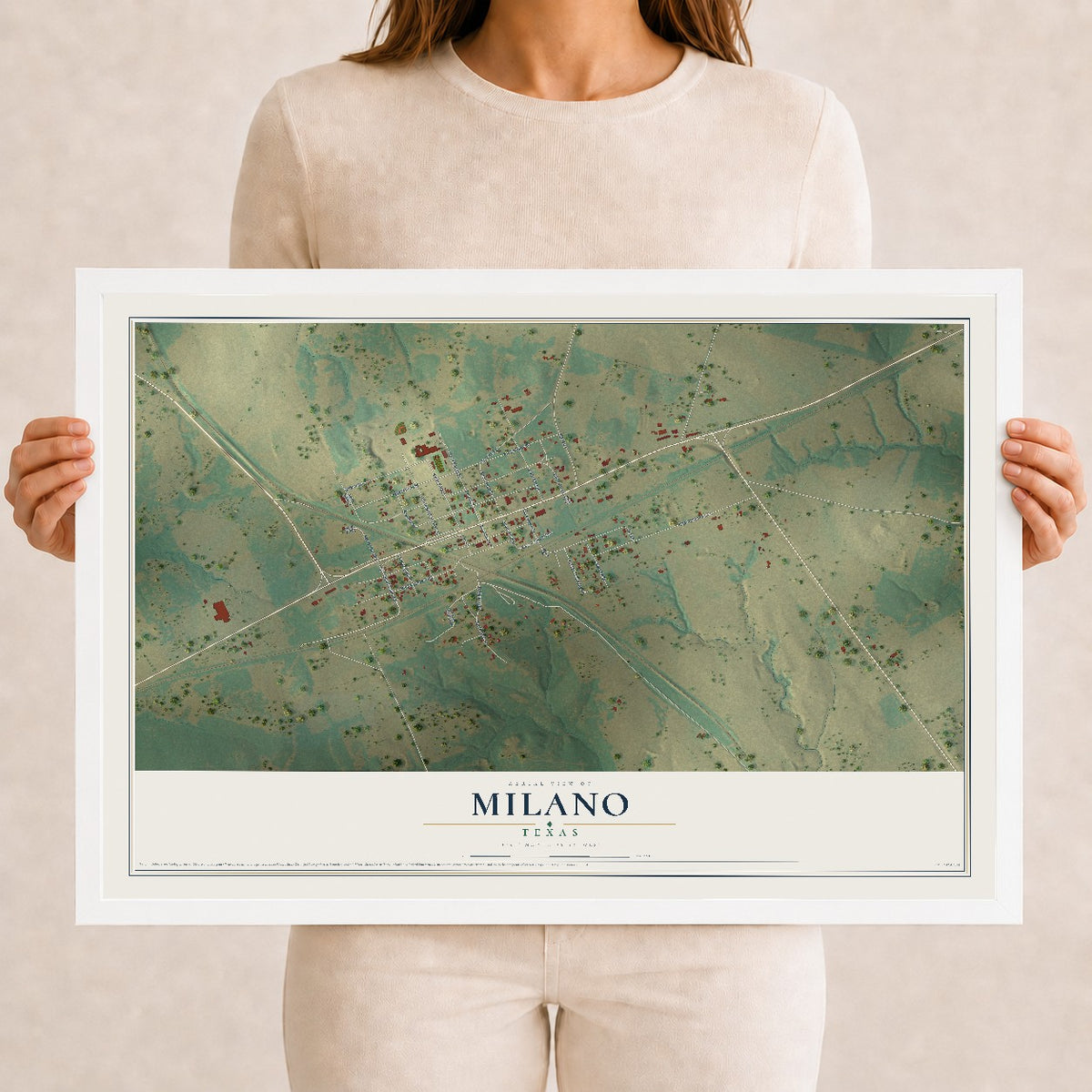 Map of Milano, Texas, 12 x 18 inch print in a white wood frame
