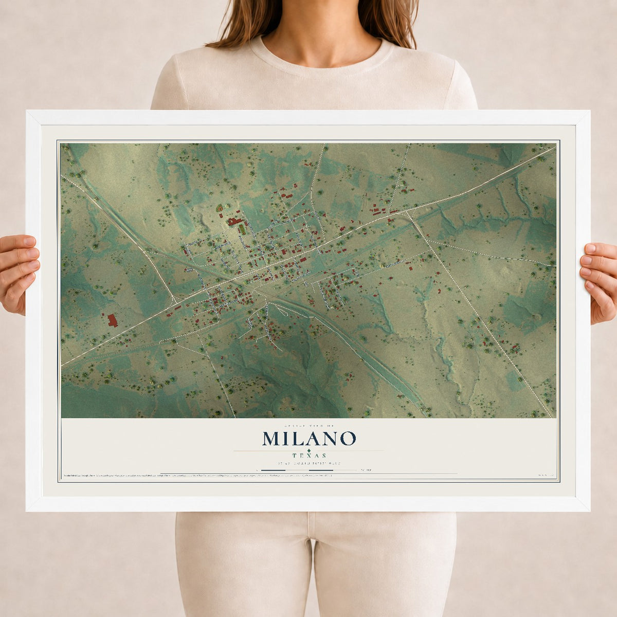 Map of Milano, Texas, 18 x 24 inch print in a white wood frame