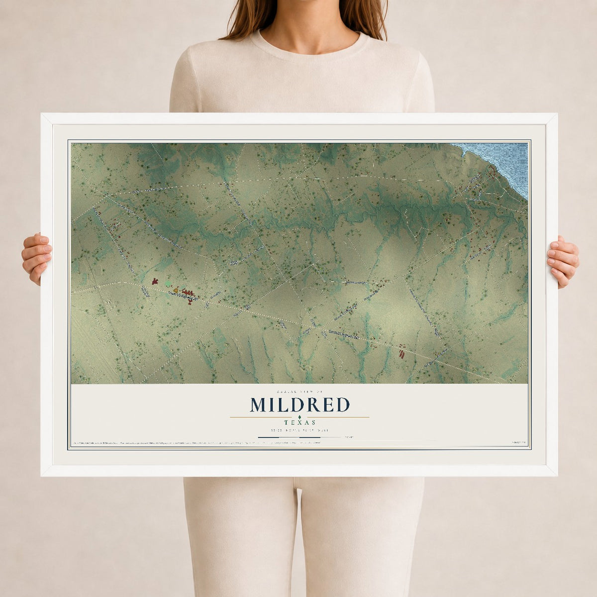 Map of Mildred, Texas, 24 x 36 inch print in a white wood frame