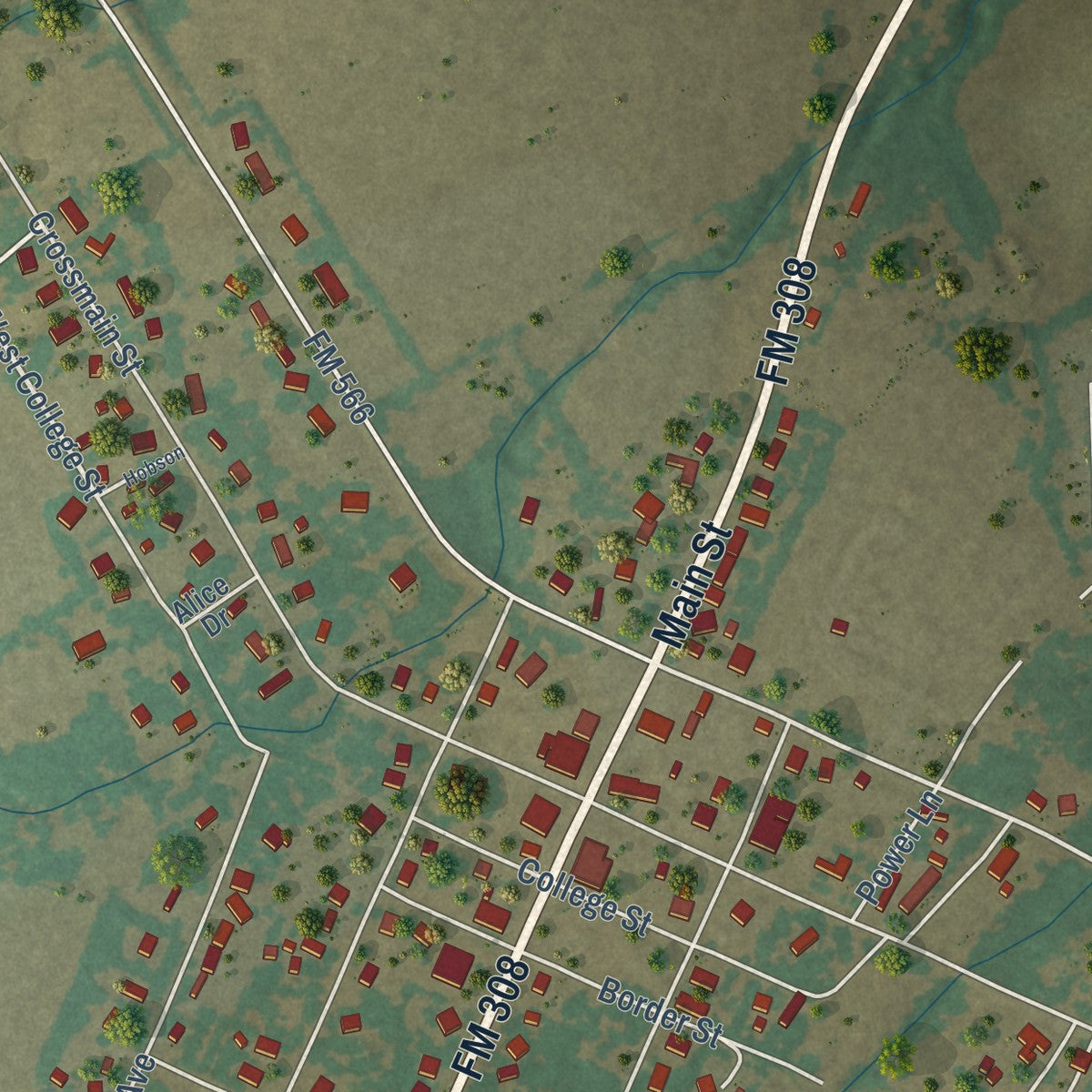 Close-up of the map of Milford, Texas print showing street and building detail