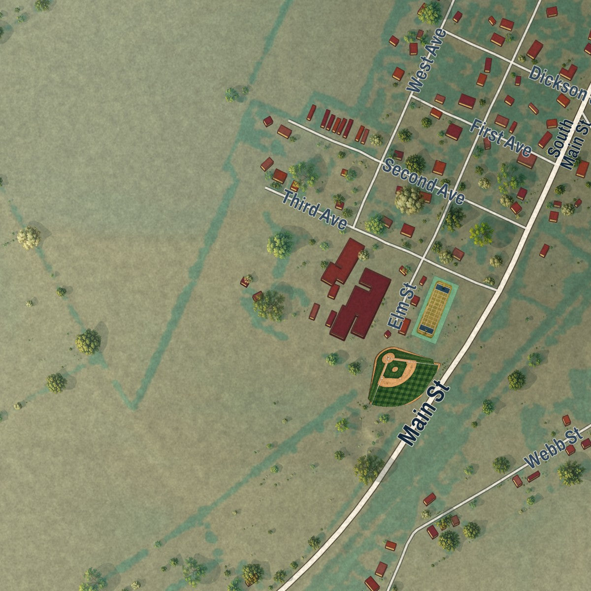 Second close-up of the map of Milford, Texas print showing more streets and buildings
