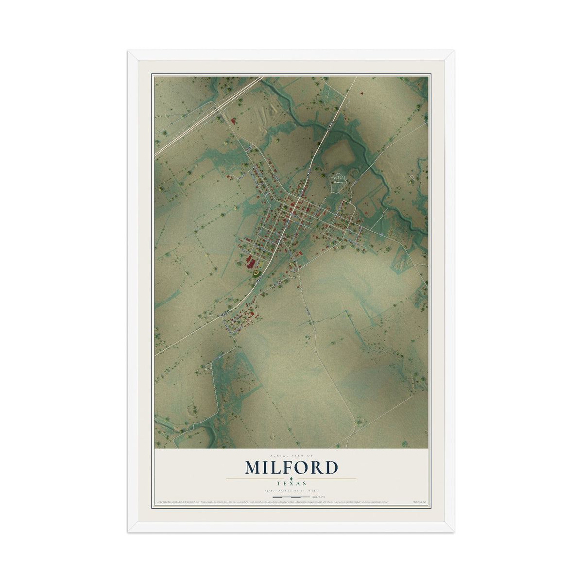Map of Milford, Texas, 12 x 18 inch print in a white wood frame