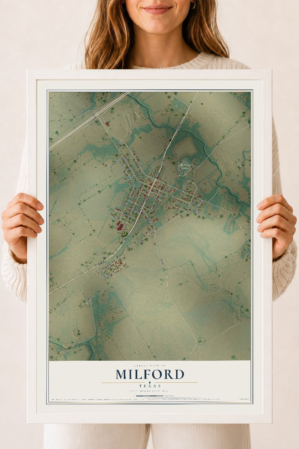 Map of Milford, Texas, 18 x 24 inch print in a white wood frame