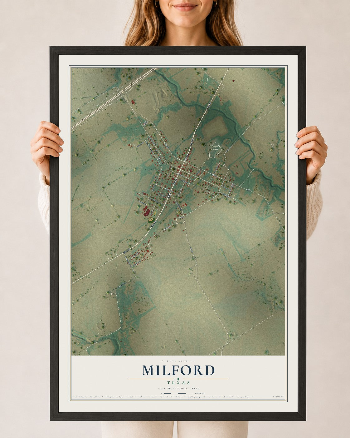 Map of Milford, Texas, 24 x 36 inch print in a black wood frame
