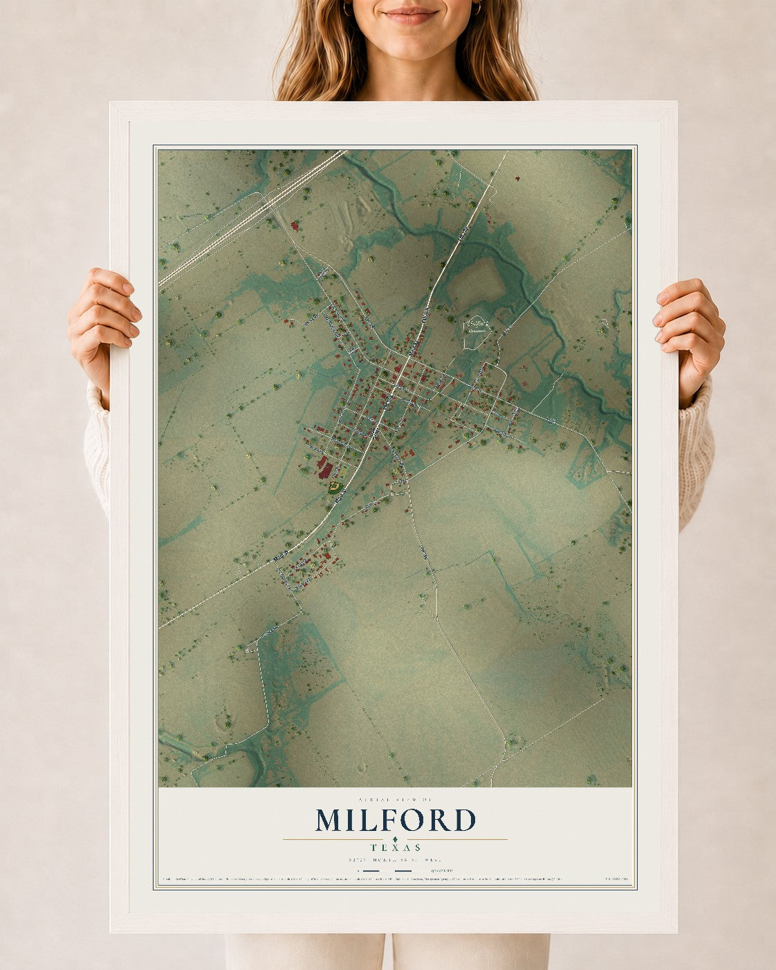 Map of Milford, Texas, 24 x 36 inch print in a white wood frame