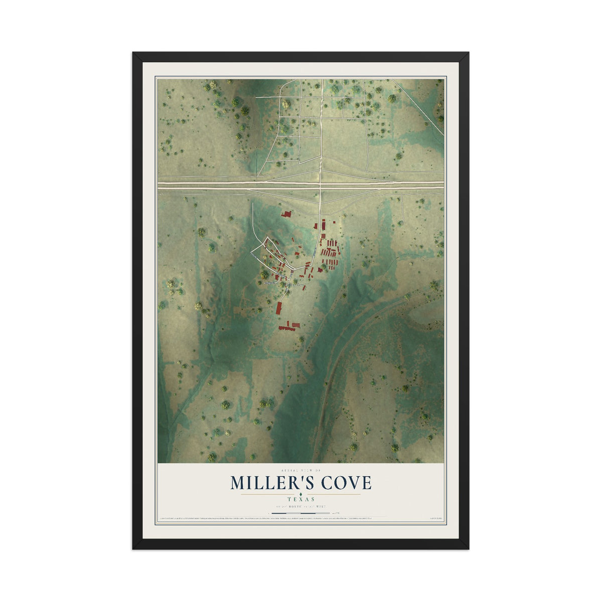 Map of Miller's Cove, Texas, 12 x 18 inch print in a black wood frame