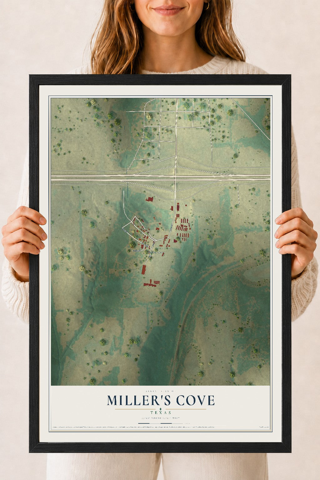 Map of Miller's Cove, Texas, 18 x 24 inch print in a black wood frame