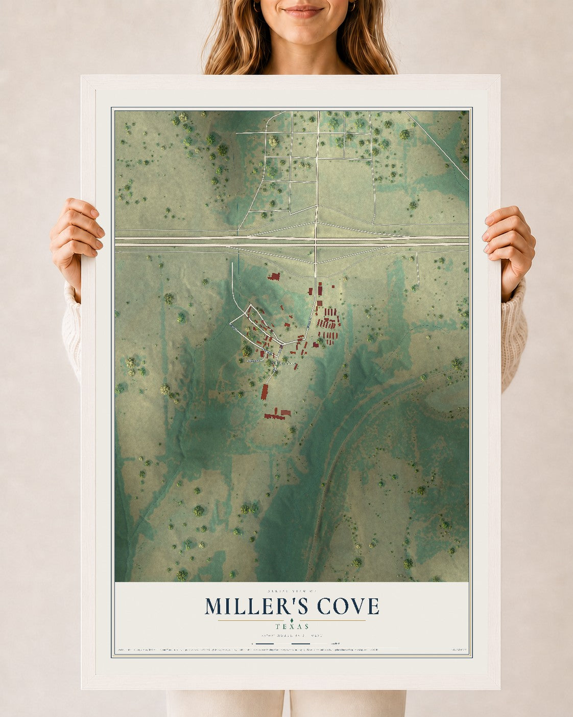 Map of Miller's Cove, Texas, 24 x 36 inch print in a white wood frame