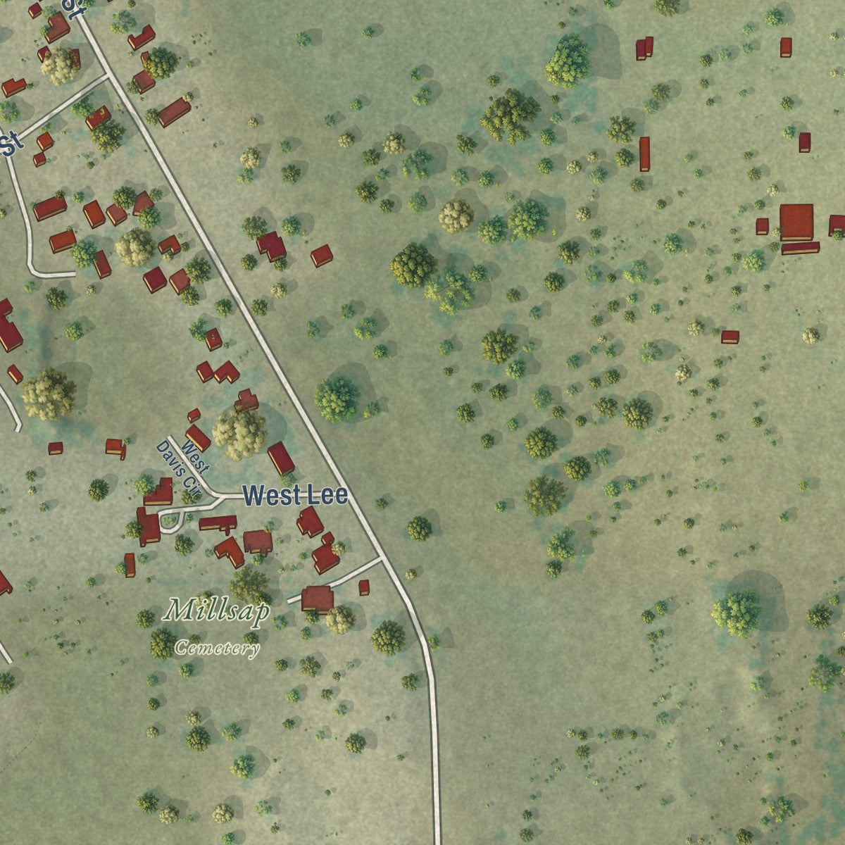 Second close-up of the map of Millsap, Texas print showing more streets and buildings