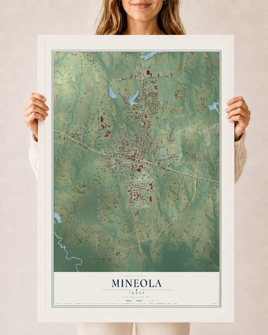 Map of Mineola, Texas, 24 x 36 inch print in a white wood frame
