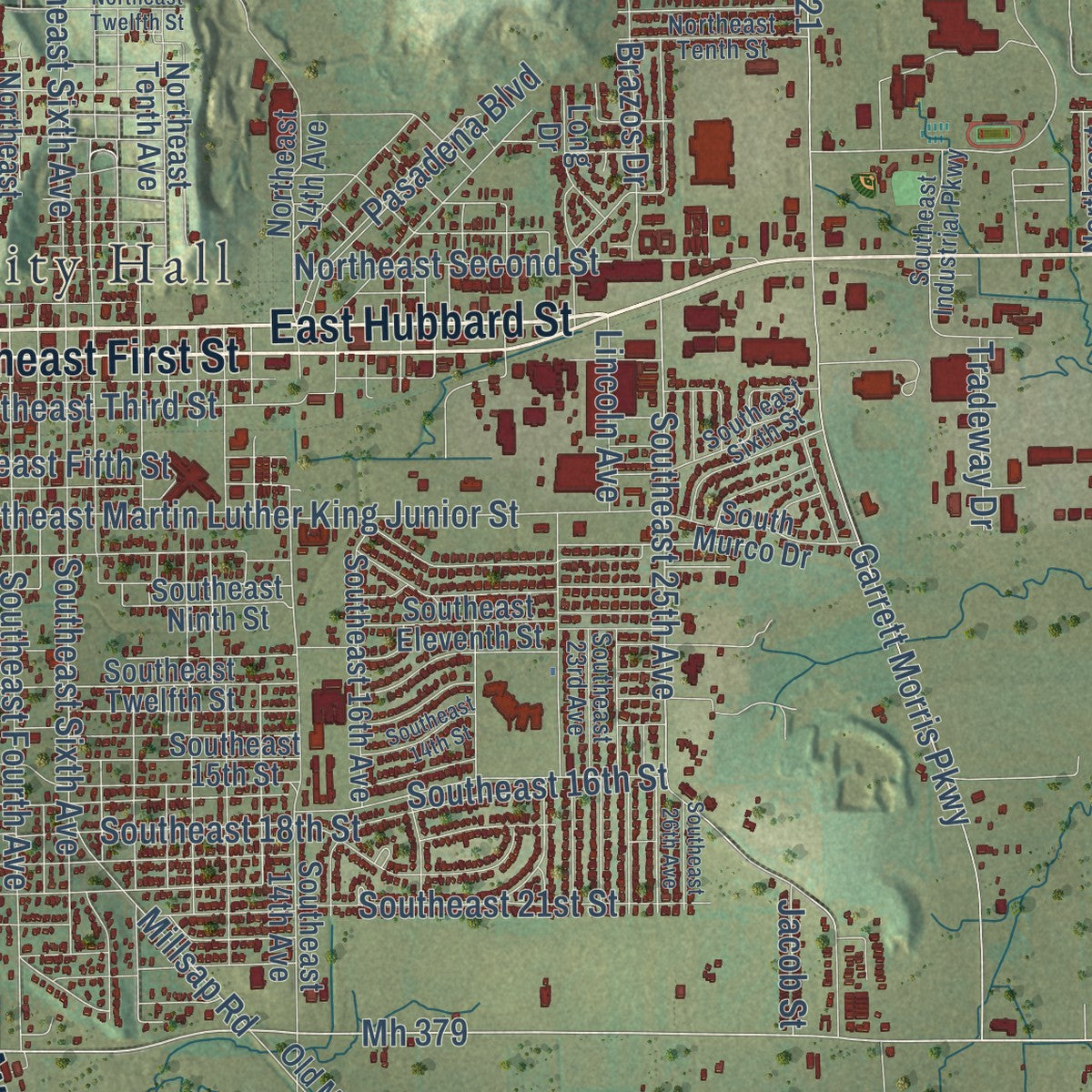 Close-up of the map of Mineral Wells, Texas print showing street and building detail