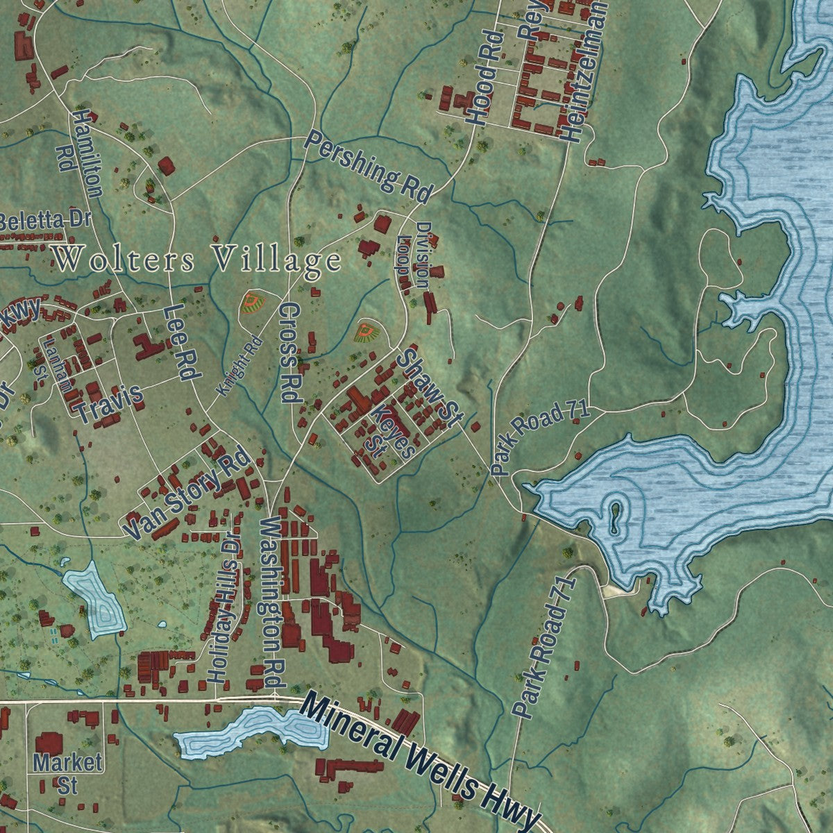 Second close-up of the map of Mineral Wells, Texas print showing more streets and buildings