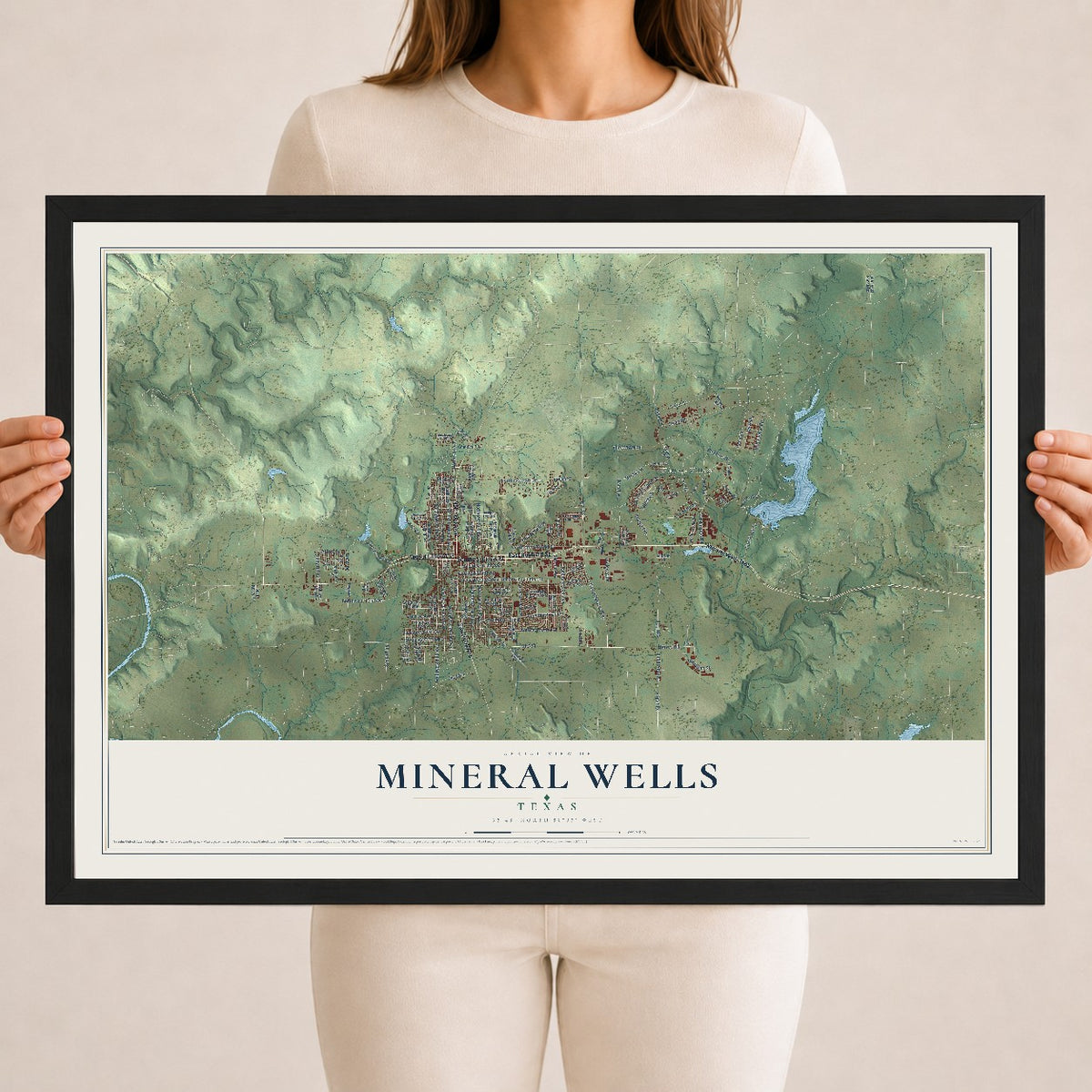Map of Mineral Wells, Texas, 18 x 24 inch print in a black wood frame