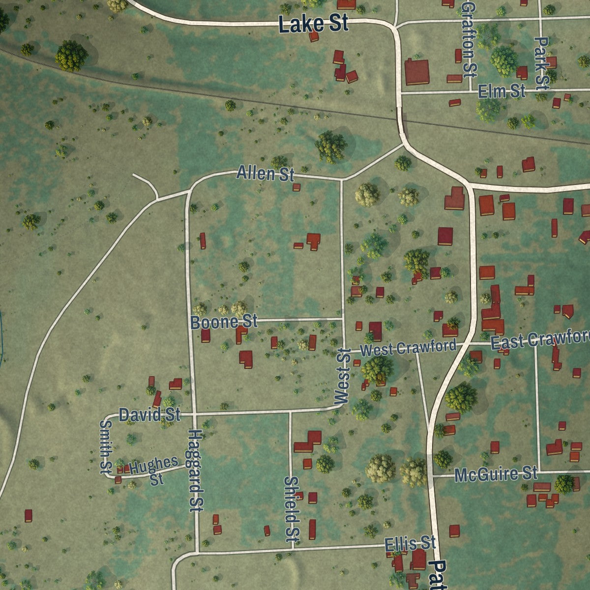 Second close-up of the map of Mingus, Texas print showing more streets and buildings