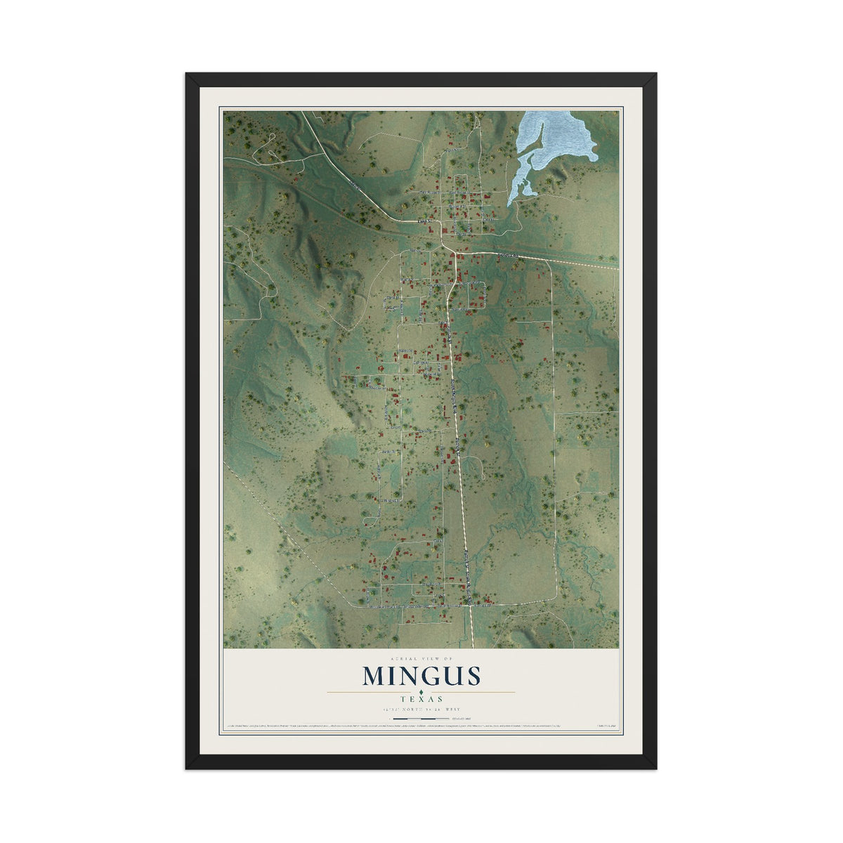 Map of Mingus, Texas, 12 x 18 inch print in a black wood frame