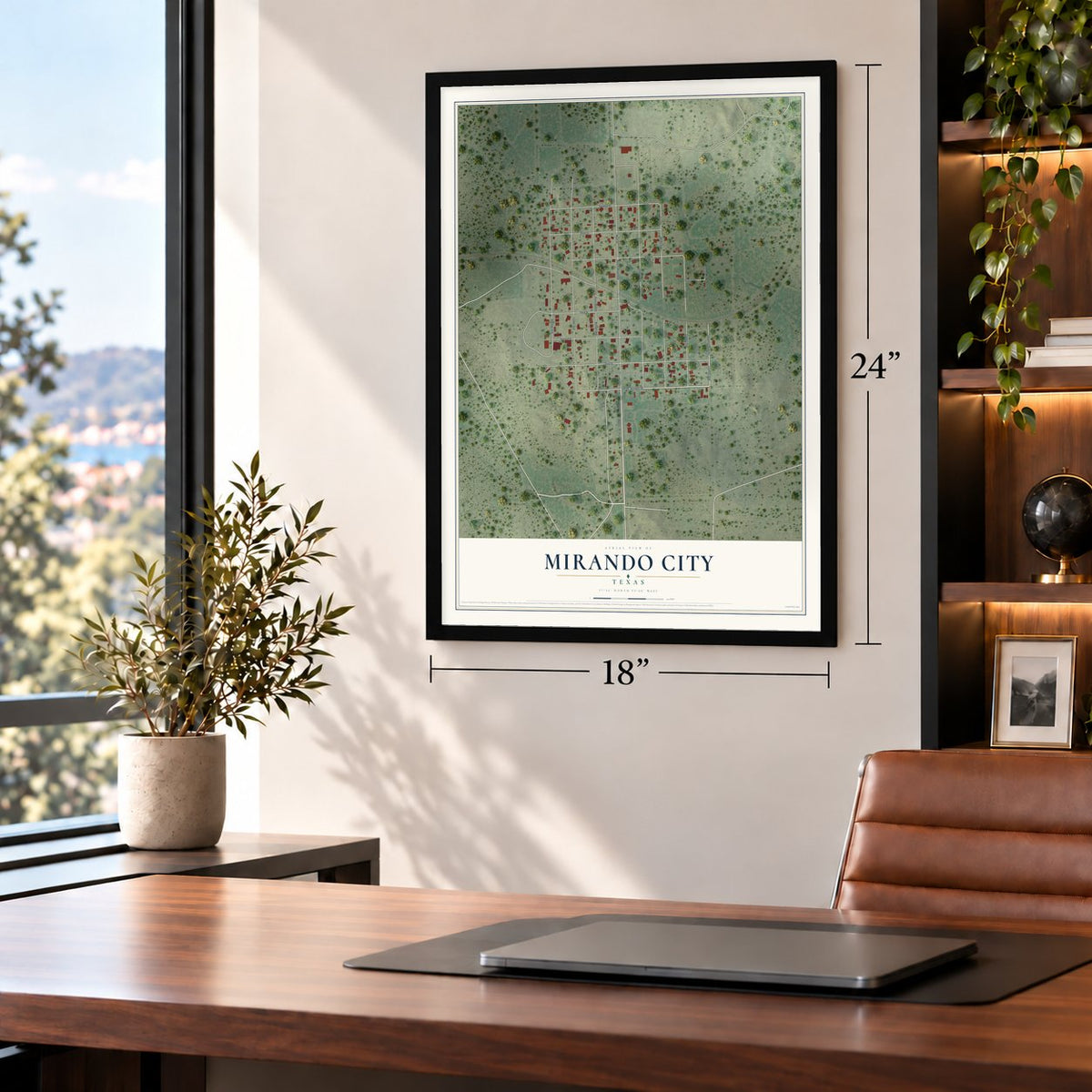 Mirando City, Texas map, 18 x 24 inch print in a black frame in a home office