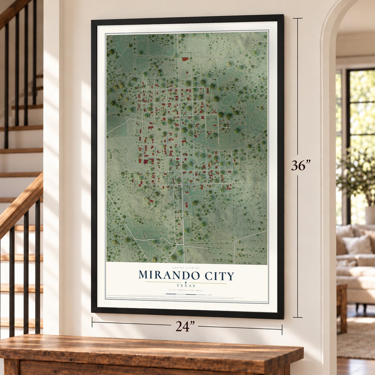 Mirando City, Texas map, 24 x 36 inch print in a black frame by a staircase